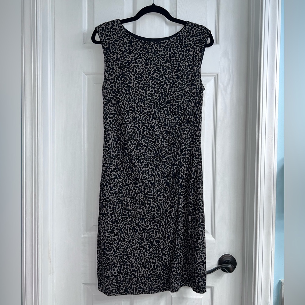 LOFT Black and White Ruched Sheath Midi Dress